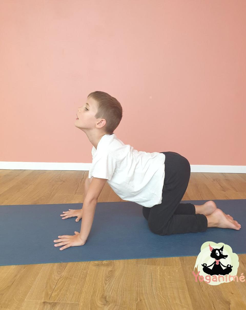 Un enfant faisant du yoga exécute la posture du chat