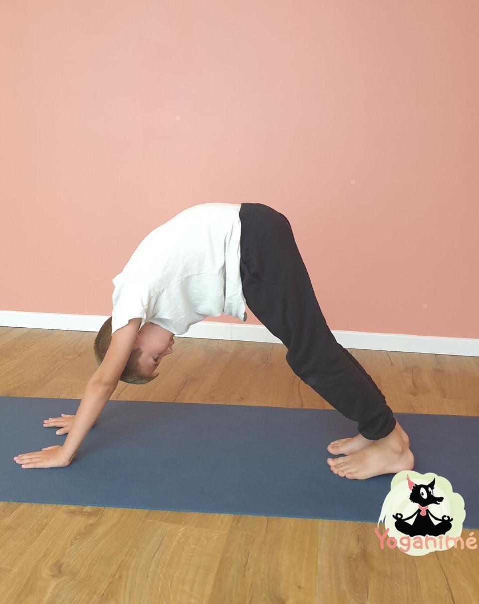 Un enfant réalise la posture de yoga le chien tête en bas